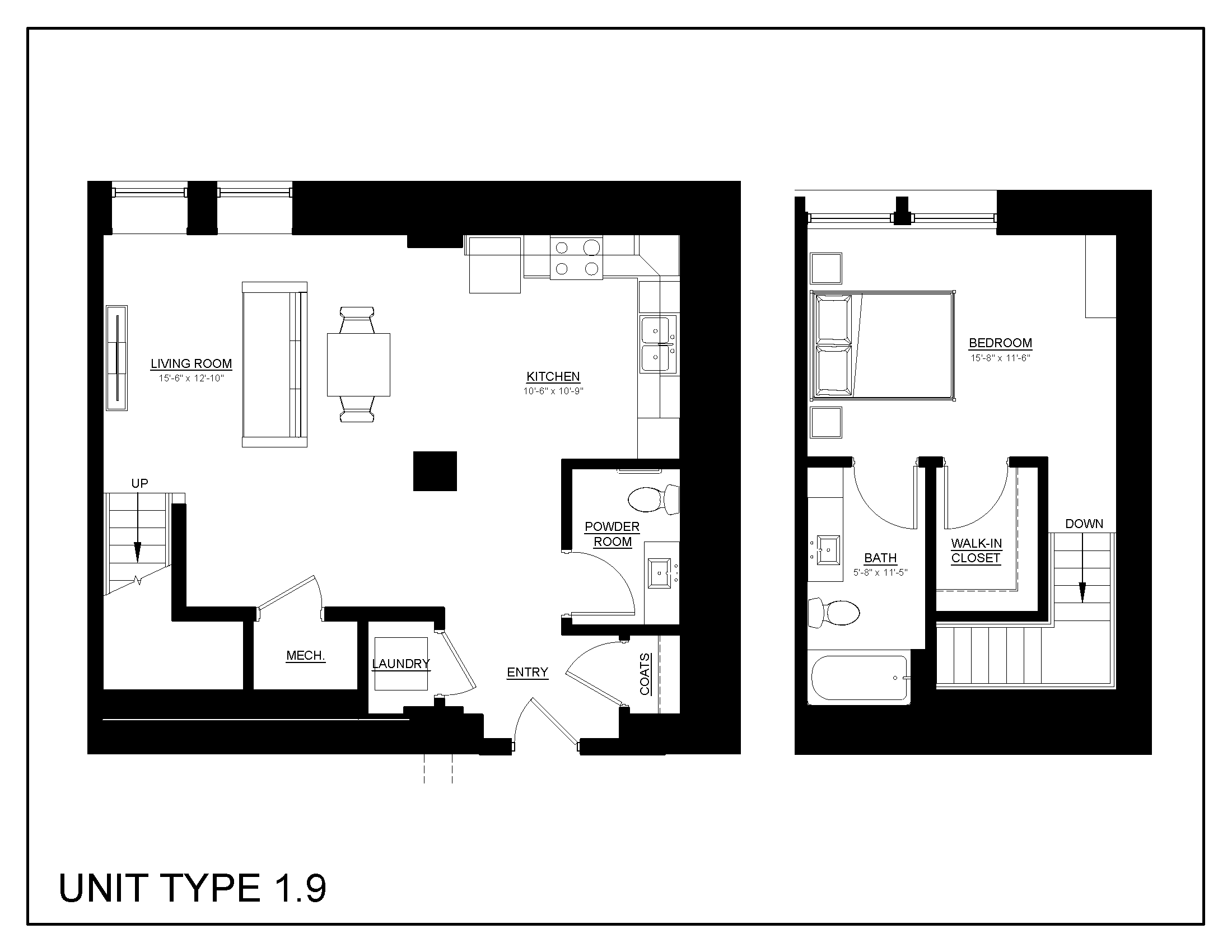 Floor plan for 1 bed, 1 bath, 1023 sqft